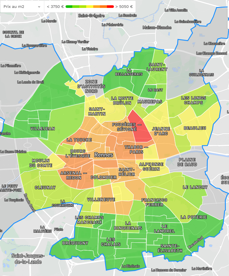 Carte des prix immobiliers par quartier à Rennes en 2026
